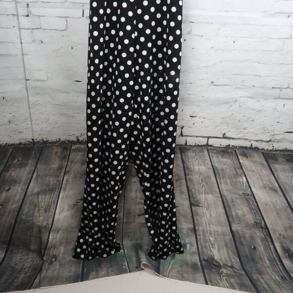 BEBE BLACK & WHITE POLKA DOT HIGH NECK HALTER RUFFLE WIDE LEG JUMPSUIT SIZE 10 - Picture 7 of 10